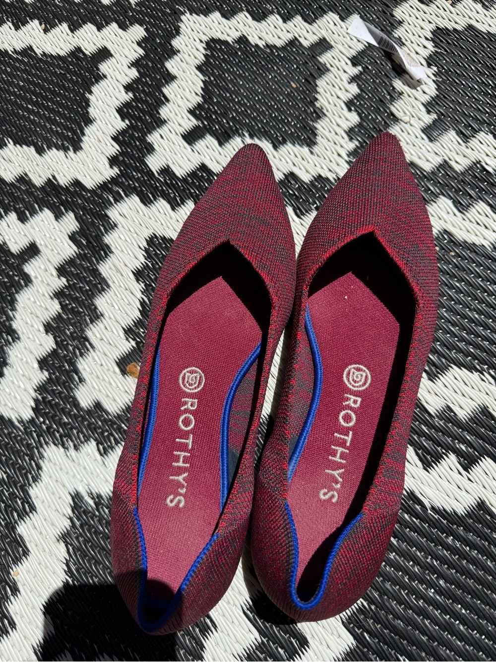 Rothy's Pointed Knit Flats in Burgundy with Blue Trim
